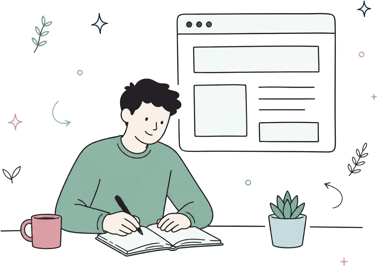 An illustration of a person writing notes at a desk in front of a drawn browser window.